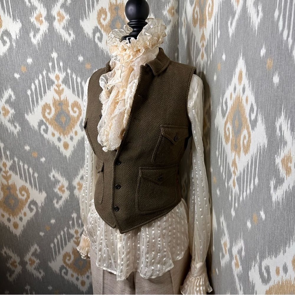 Ralph Lauren Olive Herringbone and Leather Gilet Waistcoat Vest - Picture 2 of 16